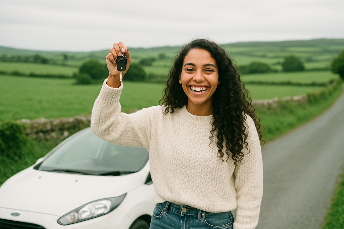 Mulher comemorando com as chaves do carro na mão, numa estrada do interior da Irlanda